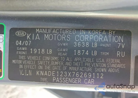 2007 Kia Rio Base z USA, uszkodzony, nr VIN KNADE123X76269112